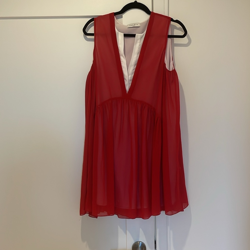 Sandro red mini dress with white slip and detail, size 2